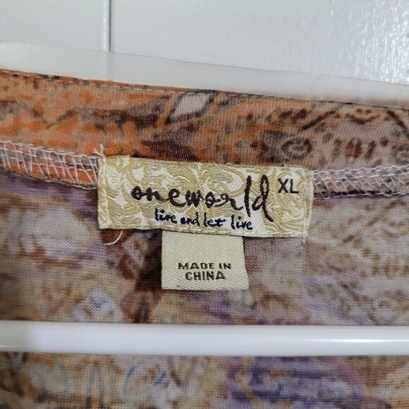 ONE WORLD Women's XL Rhinesonte Burnout Boho Blouse Top Roll Tab Sleeves NWT - Picture 5 of 10